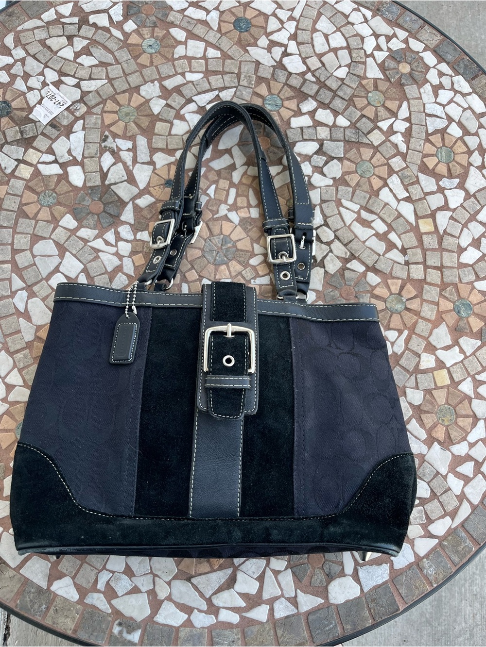 Vintage Black Coach Signature Suede & Canvas Tote with Buckle Detail
